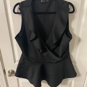 Black Ruffled Neckline Peplum Top